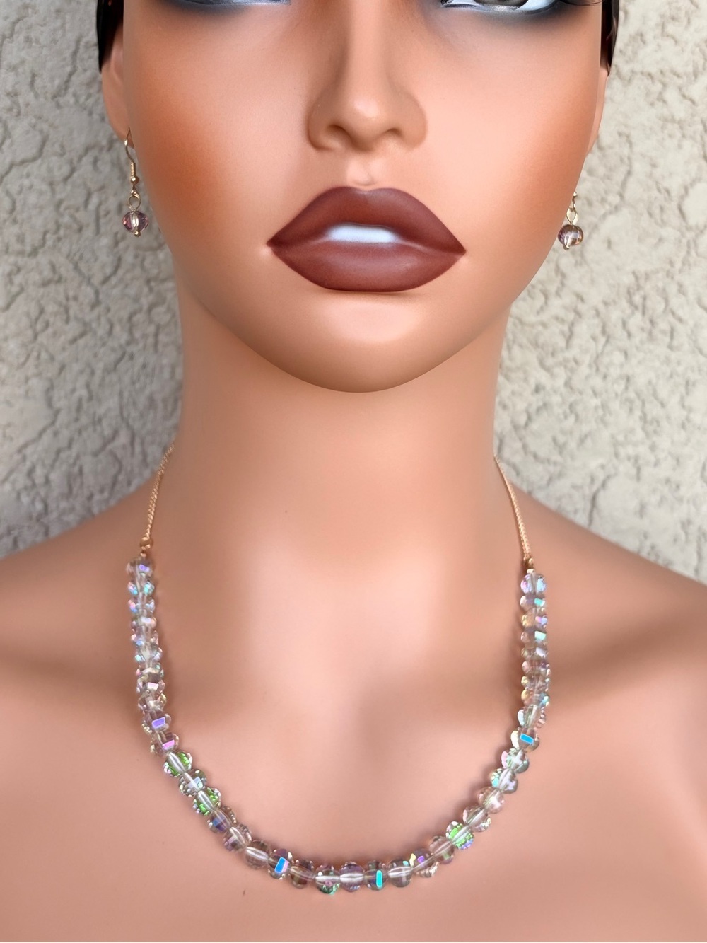 Sparkling Iridescent Glass Crystal Necklace and Earrings Set - Gold